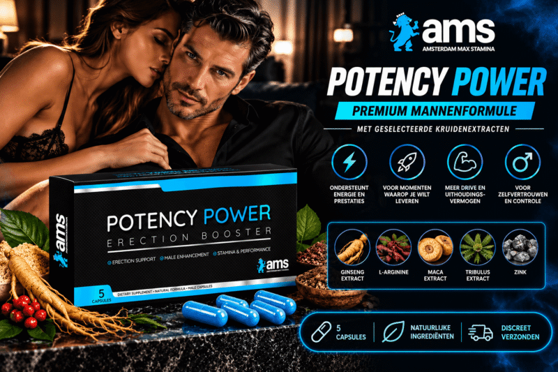 AMS Potency Power – verpakking met 5 blauwe capsules, premium mannenformule van Amsterdam Max Stamina.