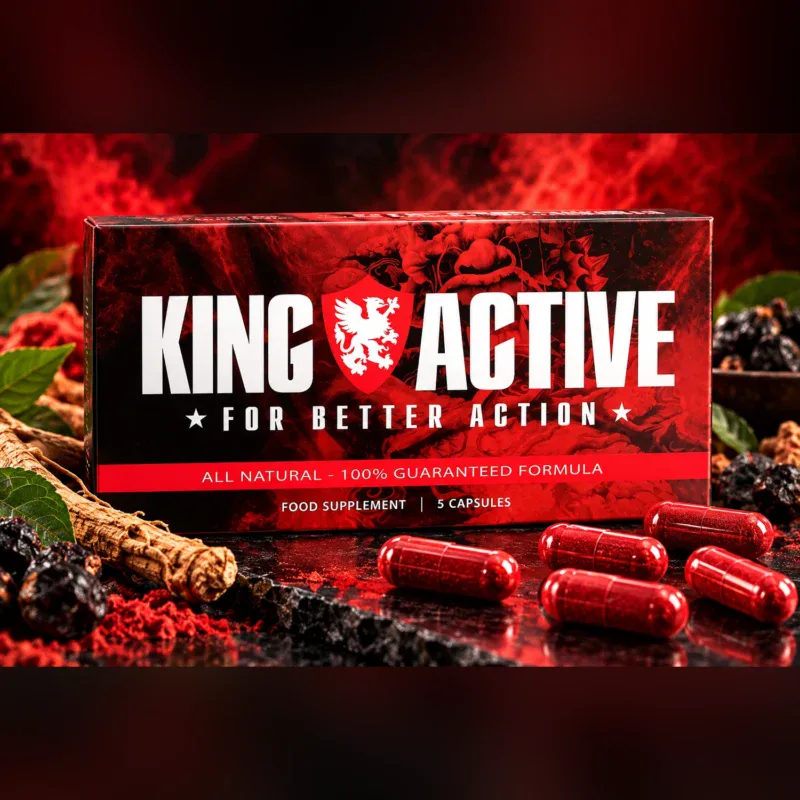 King Active 5 capsules – verpakking met rode capsules op een zwart-rode achtergrond