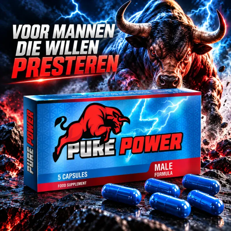 Pure Power 5 capsules – verpakking met blauwe capsules en krachtige stier op de achtergrond