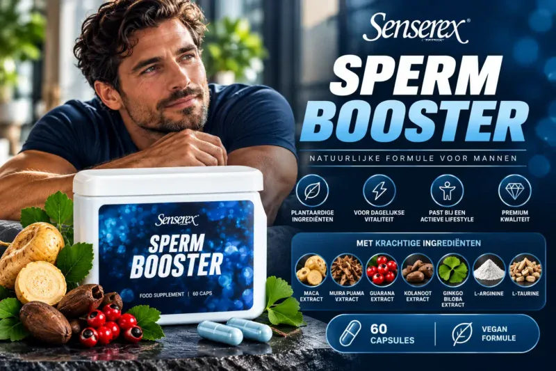 Senserex Sperm Booster 60 capsules – lifestyle-afbeelding met man en productverpakking